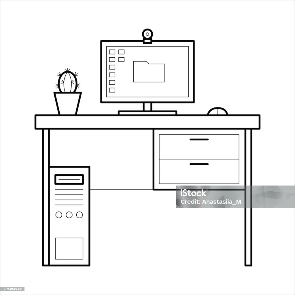 Computer Disk Out Line Computer Desk Thin Line Style Stock Illustration - Download Image Now ...