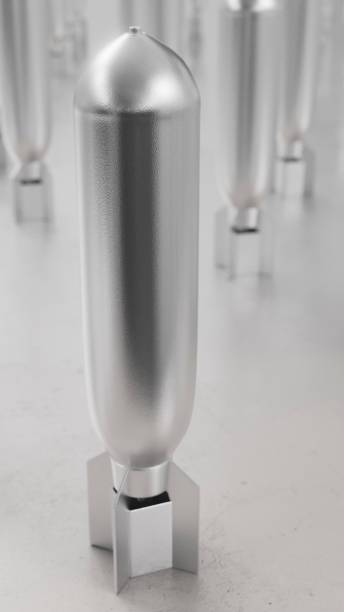 istock Shiny Raw Metal Aircraft Bomb on Concrete 675810030