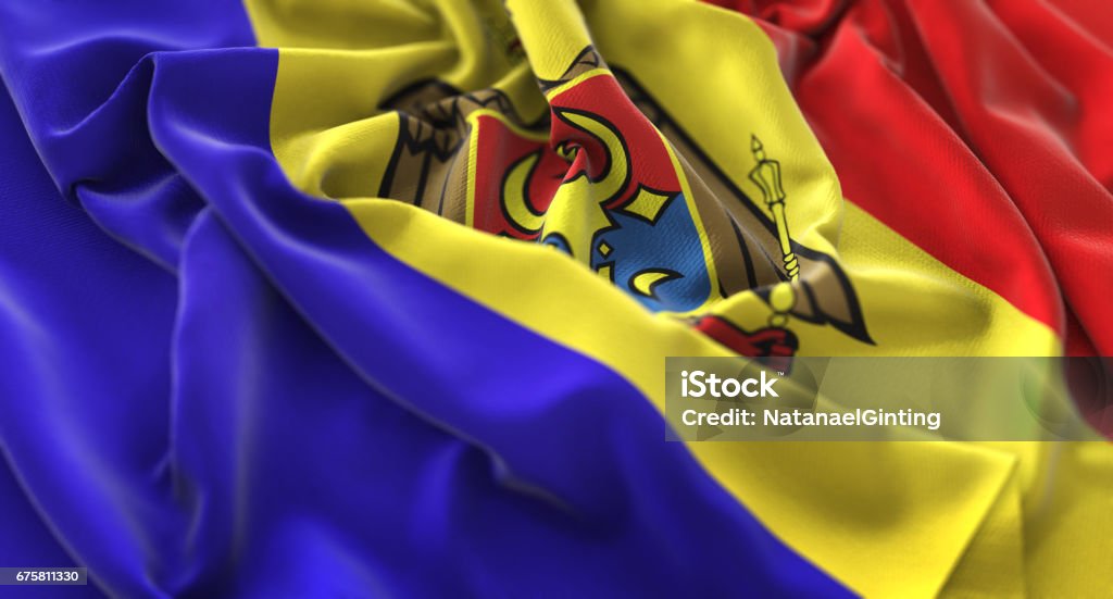 Moldova Flag Ruffled Beautifully Waving Macro Close-Up Shot Awe Stock Photo