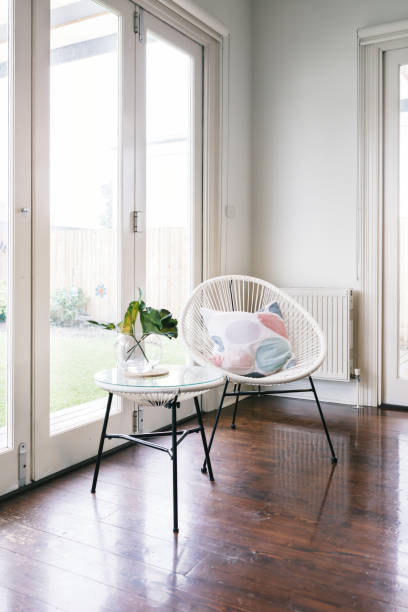 istock White string style occasional chair and matching side table 675815022