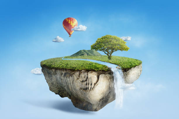 fantasy floating island with river stream on green grass with air balloon, surreal float landscape with waterfall paradise concept on blue sky cloud 3d illustration