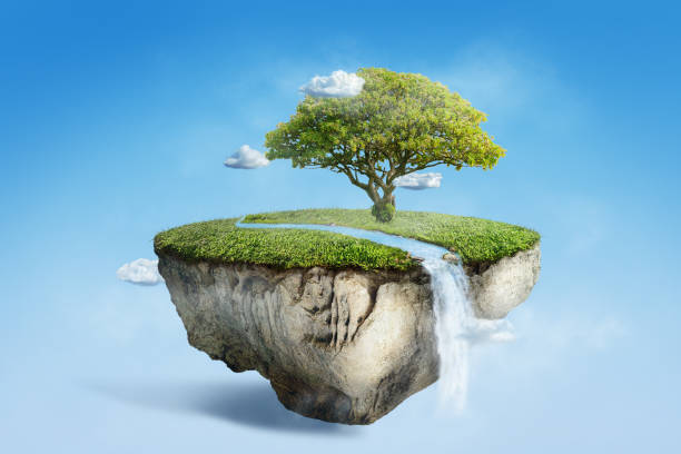 istock fantasy floating island with river stream on green grass with tree 675815444