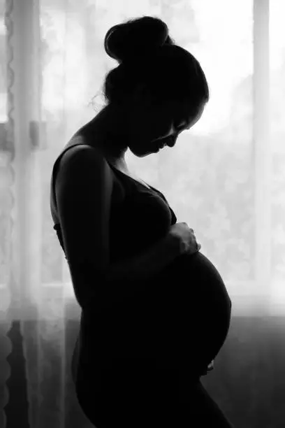 Photo of Portrait of a mother loving her baby in silhouette in the living room