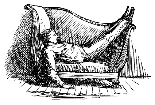 Exhausted man sleeping in lounge chair - scanned 1878 engraving