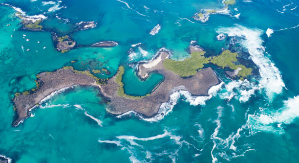 Aerial view of the beautiful Las Tintoreras, Isla Isabela, Galapagos Islands, Ecuador stock photo