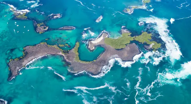Aerial view of the beautiful Las Tintoreras, Isla Isabela, Galapagos Islands, Ecuador