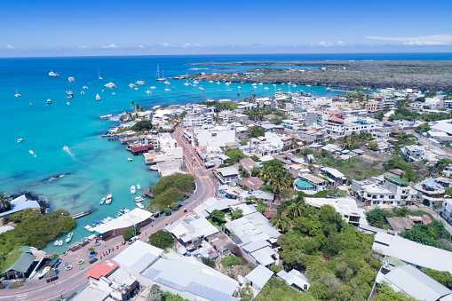 Aerial view of the small town of Puerto Ayora, Santa Cruz, Galapagos Islands, Ecuador