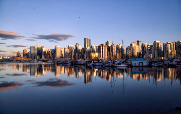 Vancouver skyline sunset reflection, Canada Vancouver skyline sunset reflection in Stanley park on a sunny Spring afternoon. shadow british columbia landscape cloudscape stock pictures, royalty-free photos & images