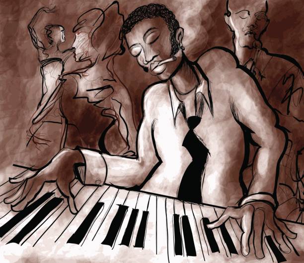 illustrazioni stock, clip art, cartoni animati e icone di tendenza di piano jazz, cantante e sassofonista - uomo dipinge
