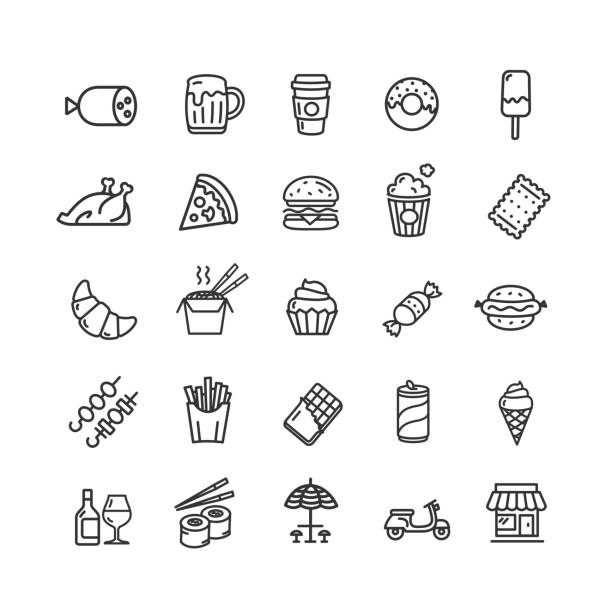 ilustraciones, imágenes clip art, dibujos animados e iconos de stock de comida rápida y comida en la calle línea fina negra conjunto de iconos. vector de - modo de vida no saludable