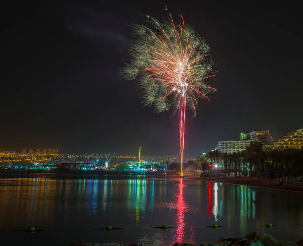 istock Independence day, night festive fireworks at central beach of Eilat 675821970