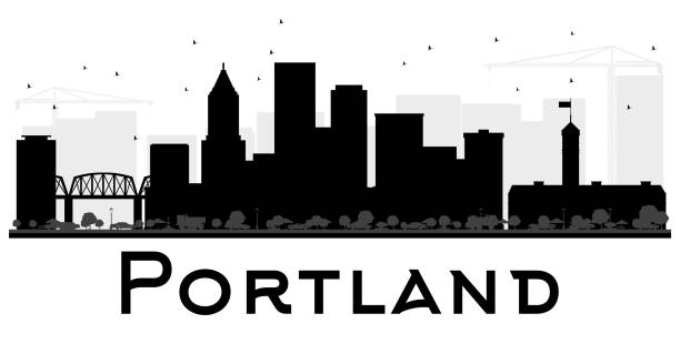 illustrazioni stock, clip art, cartoni animati e icone di tendenza di skyline di portland city silhouette in bianco e nero. - portland oregon skyline cityscape silhouette