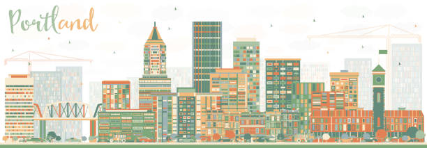 illustrazioni stock, clip art, cartoni animati e icone di tendenza di skyline astratto di portland con edifici a colori. - portland oregon skyline cityscape silhouette