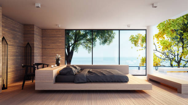 istock The Modern Bedroom -  Sea view for vacation and summer  / 3d rendering interior 675823970
