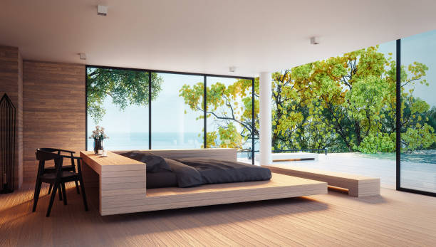 istock The Modern Bedroom -  Sea view for vacation and summer  / 3d rendering interior 675823974