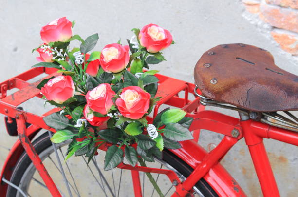 istock flower  close up on saddle red bicycle classic vintage 675899678