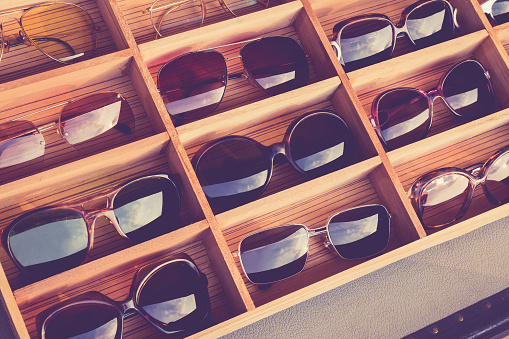 Sunglasses Fashion display in wooden box Shop Hipster Lifestyle
