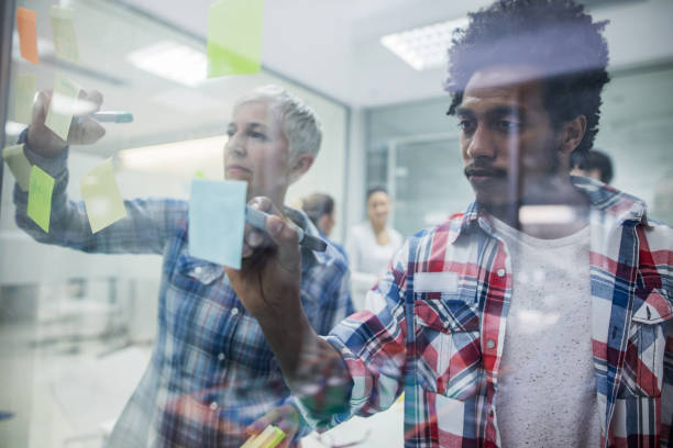 istock Entrepreneurs writing adhesive notes on a glass in the office. 675917744