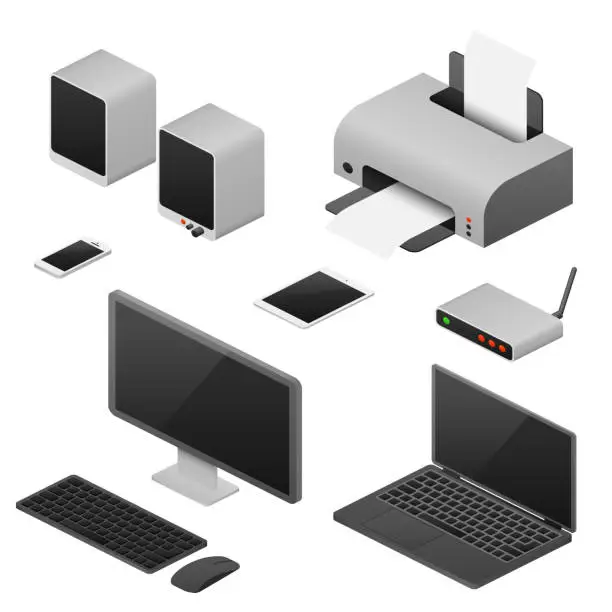 Vector illustration of Digital workstation isometric vector computers, supplies of office workspace