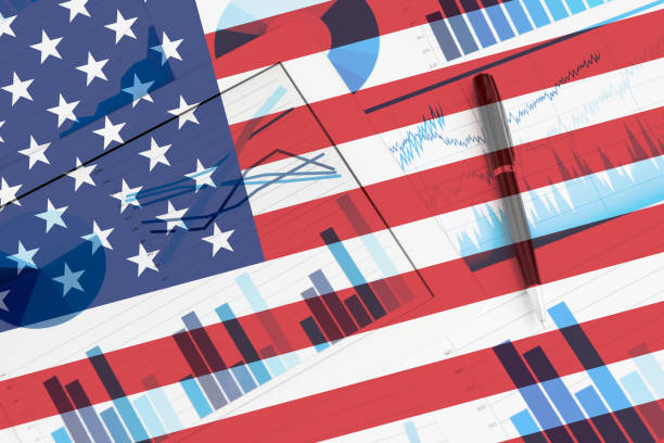 istock Digital tablet and graphs. Flag USA 675925958