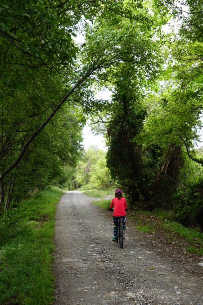 istock Woman riding bicycle on the forest road 675926058