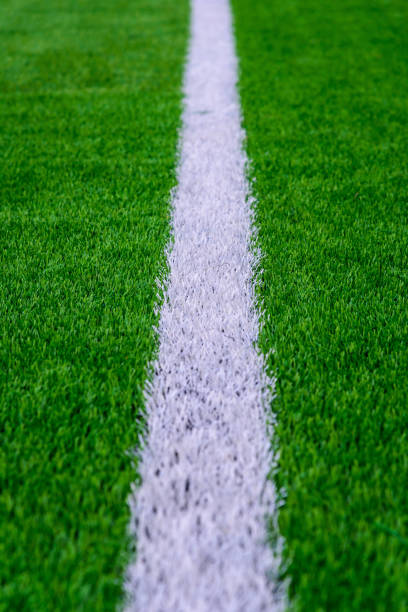 istock White line on green grass of a soccer field. Selective focus 675926794
