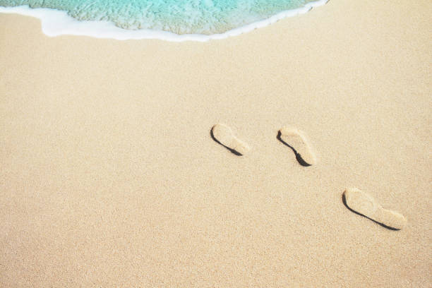 istock Footprints on the beach with sea wave 675934284