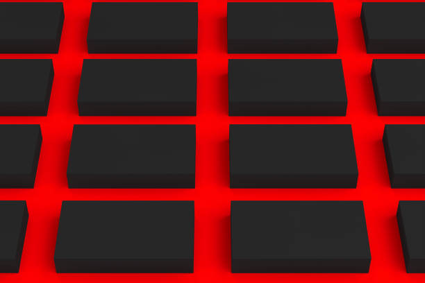 istock Black blank business cards mock-up on red background 675934626