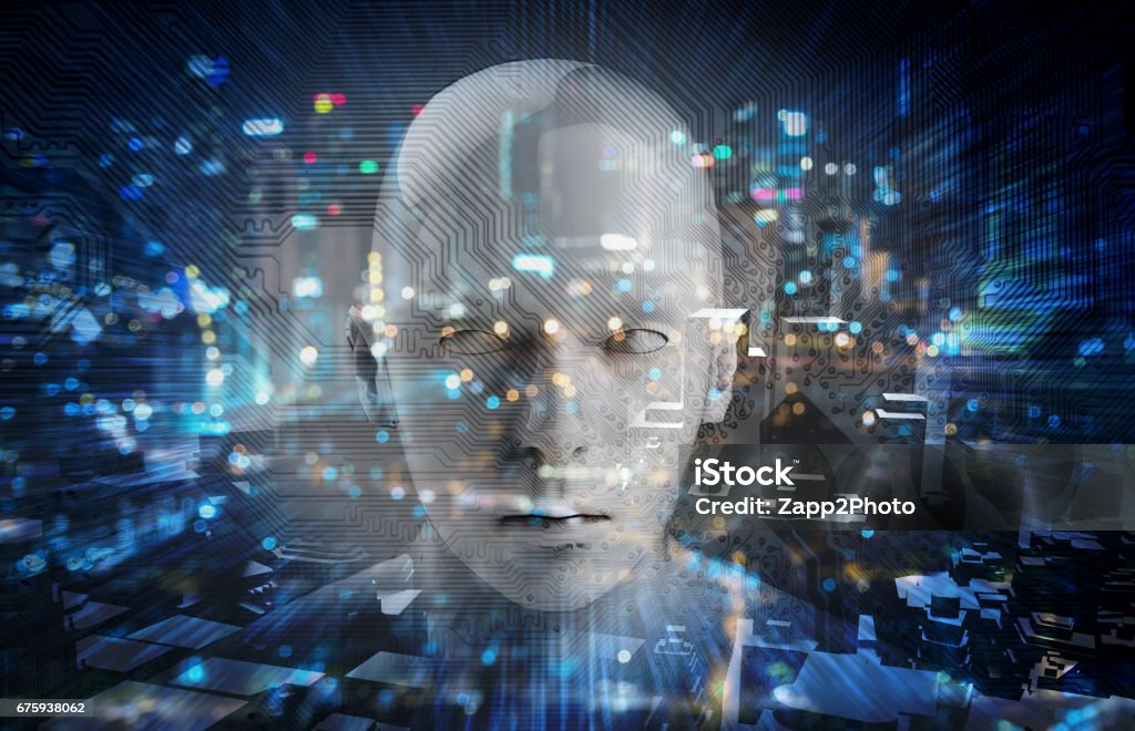 Internet of things Disruption everything , neural network , deep learning , artificial intelligence concept. 3d rendering of robot face , blue bokeh and building abstract background. Computer-Aided Manufacturing Stock Photo