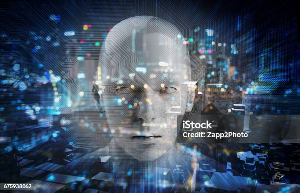 Internet Of Things Disruption Everything Neural Network Deep Learning Artificial Intelligence Concept 3d Rendering Of Robot Face Blue Bokeh And Building Abstract Background Stock Photo - Download Image Now