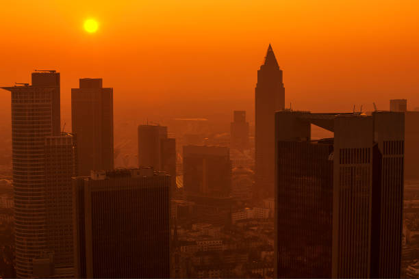 Frankfurt skyline at sunset, financial district, Germany, long exposure with tripod.