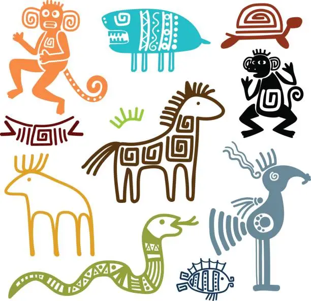 Vector illustration of Aztec and maya ancient animal symbols