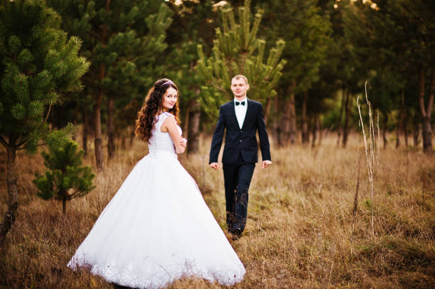 istock Lovely wedding couple  in a pine forest 675947304