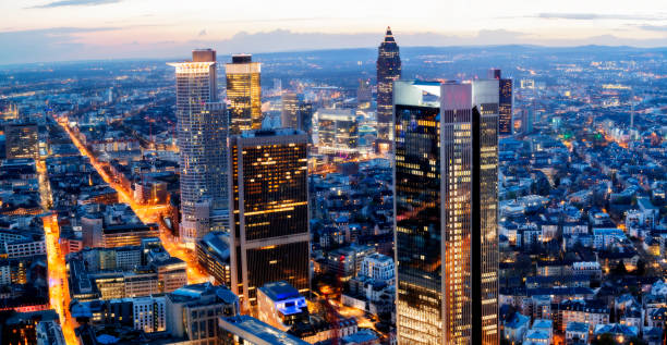 istock Panorama of Frankfurt Skyline Illuminated at Dusk, Germany 675947986
