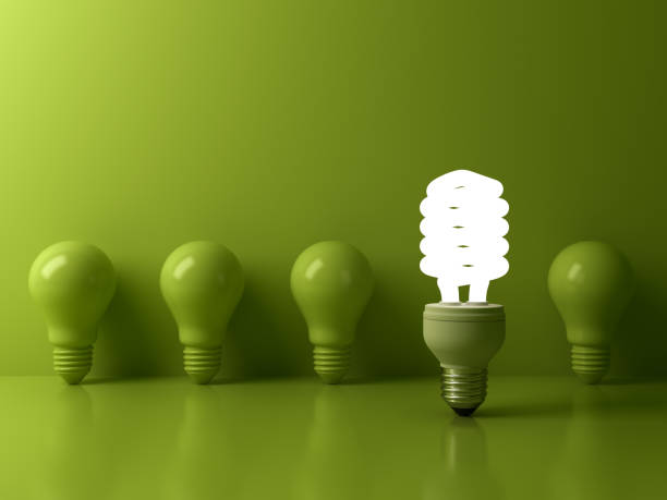 istock Eco energy saving light bulb , one glowing compact fluorescent lightbulb standing out from unlit incandescent bulbs reflection on green background , individuality and different concept . 3D render 675955754