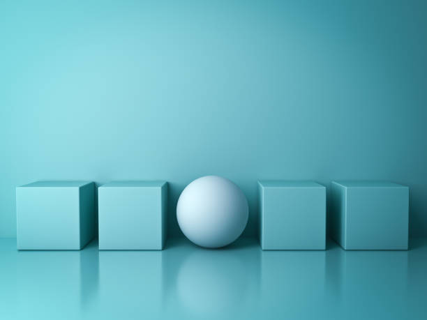istock Stand out from the crowd and different creative idea concepts , One white sphere standing among green square boxes on green background in the row with reflections and shadows . 3D render 675955866