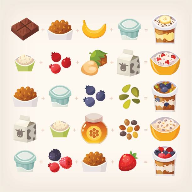 ilustraciones, imágenes clip art, dibujos animados e iconos de stock de mezcla del desayuno de la comida - vitality food food and drink berry fruit