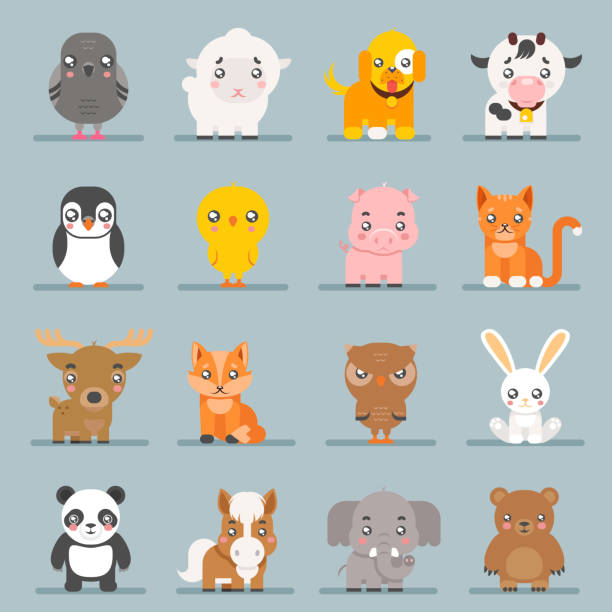 ilustrações de stock, clip art, desenhos animados e ícones de cute baby animals cartoon cubs flat design icons set character vector illustration - chicken animal foot farm store