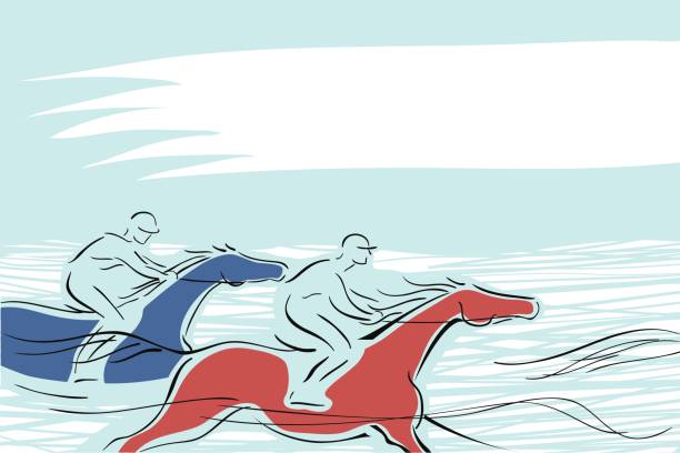 illustrazioni stock, clip art, cartoni animati e icone di tendenza di corsa di cavalli con due cavalli e fantini. banner illustrazione vettoriale disegno a mano. - steeplechasing