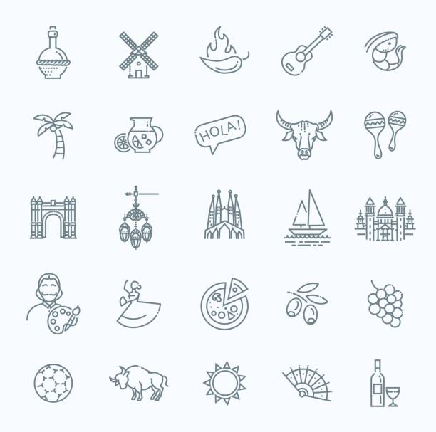 Spain outlined icon set Spain traditional symbols set. Travel vector element salvador dali stock illustrations