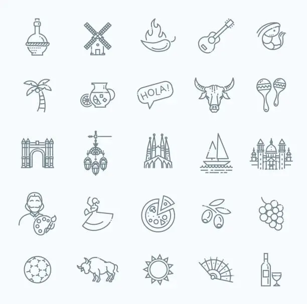 Vector illustration of Spain outlined icon set