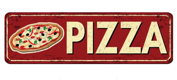 pizza czerwony vintage zardzewiały metalowy znak - metal rusty art dirty stock illustrations