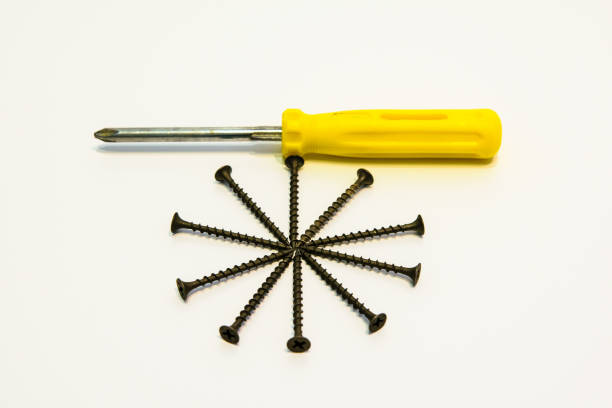 Yellow screwdriver and screws for wood. On a white background.