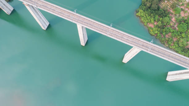 istock aerial view of  railway bridge on reservoir 676008002