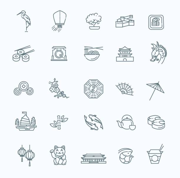 Japanese theme icon set Vector icon set representing Japan travel destinations dragon in chinese temple stock illustrations