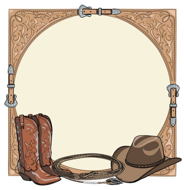 ilustraciones, imágenes clip art, dibujos animados e iconos de stock de vaquero caballo equino caballo tack esta herramienta en el marco de la correa de cuero occidental. bota vaquera, sombrero, cuerda de lazo. - belt brown leather buckle