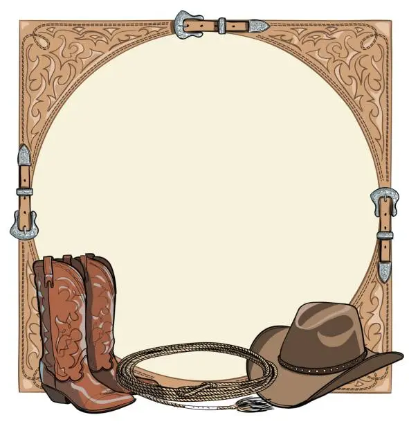 Vector illustration of Cowboy horse equine riding tack tool in the western leather belt frame. Western boot, hat, lasso rope.