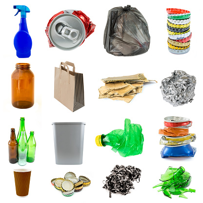 Collection of recyclable garbage objects isolated on a white background. Recyclable garbage series.
