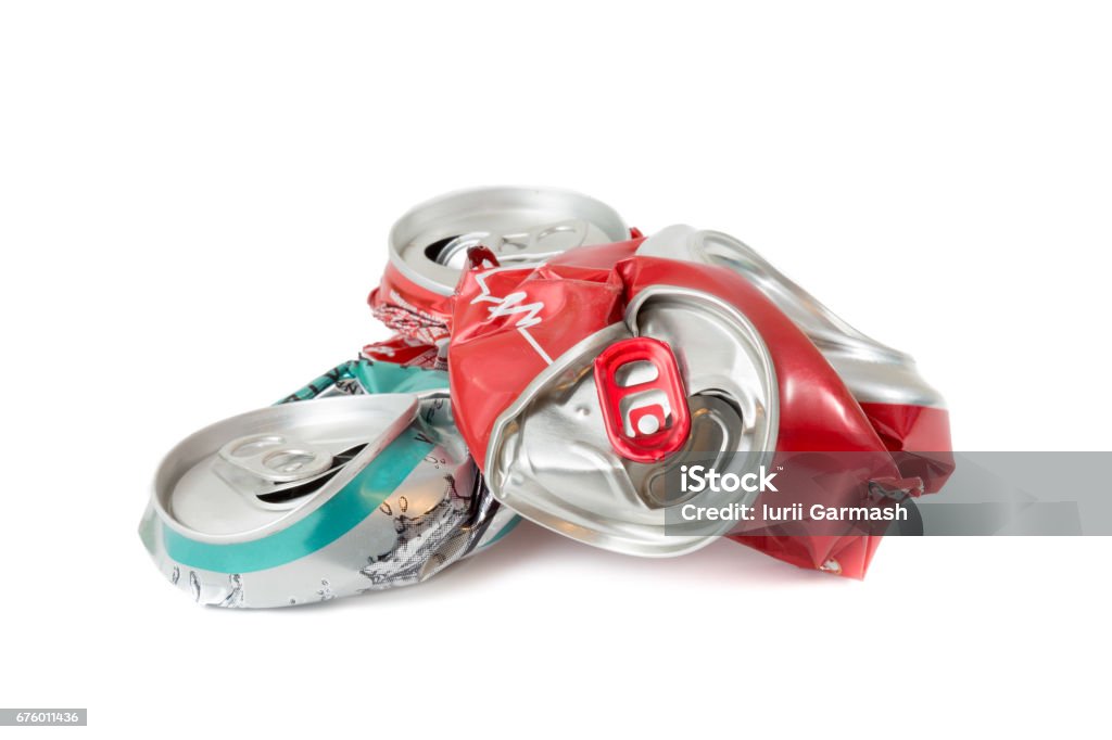 compressed cans isolated Pile of compressed cans isolated on a white background. Recyclable garbage series. Garbage Stock Photo