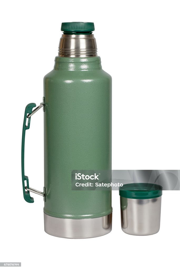 Stainless steel thermos isolated on white Coffee thermos mug Insulated Drink Container Stock Photo